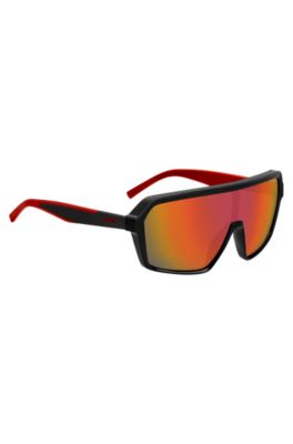 Mask-style sunglasses with red shaded lenses, Black