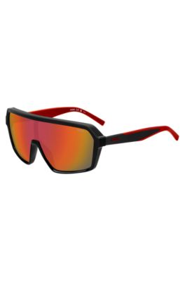 Mask-style sunglasses with red shaded lenses, Black
