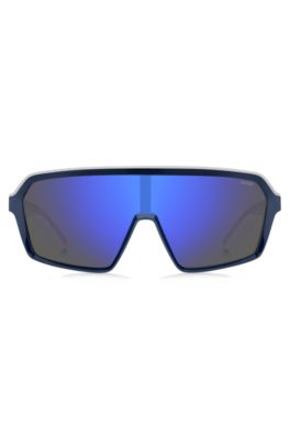 Mask-style sunglasses with blue shaded lenses, Blue