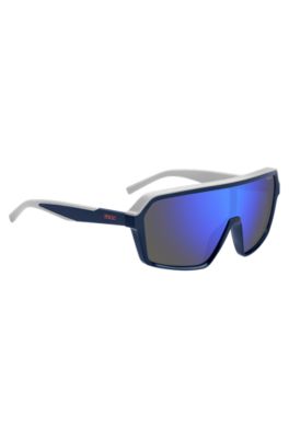 Mask-style sunglasses with blue shaded lenses, Blue