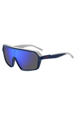 Mask-style sunglasses with blue shaded lenses, Blue