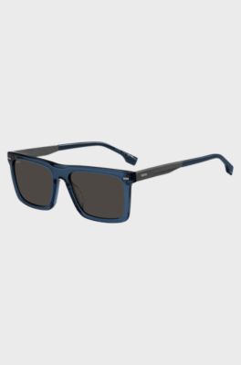 Sonnenbrille aus blauem Acetat mit gemusterten Carbonfaser-B&uuml;geln, Blau