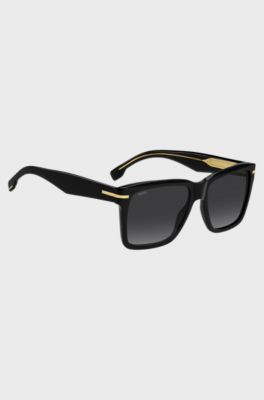Occhiali da sole in acetato nero con rifiniture color oro, Nero