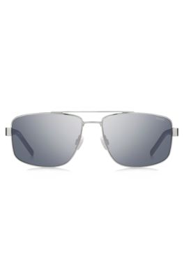 Double-bridge sunglasses in metal with blue accents, White