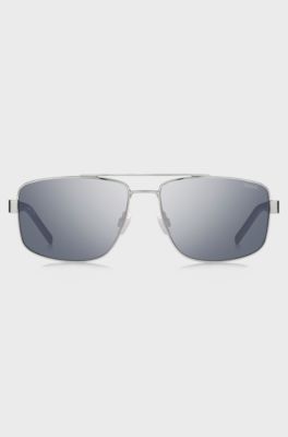 Double-bridge sunglasses in metal with blue accents, White