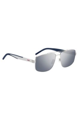 Double-bridge sunglasses in metal with blue accents, White