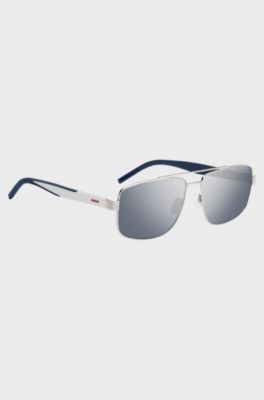 Double-bridge sunglasses in metal with blue accents, White