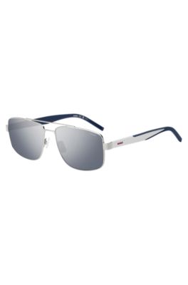 Double-bridge sunglasses in metal with blue accents, White