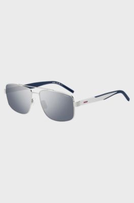 Double-bridge sunglasses in metal with blue accents, White