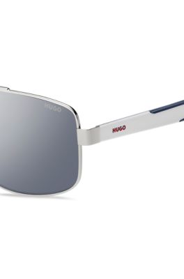 Double-bridge sunglasses in metal with blue accents, White