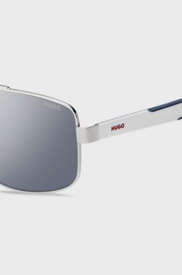 Double-bridge sunglasses in metal with blue accents, White