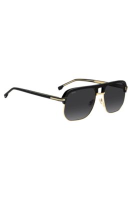 Double-bridge sunglasses in metal and black acetate, Black
