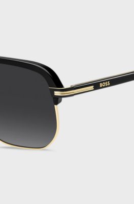 Double-bridge sunglasses in metal and black acetate, Black