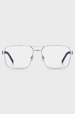 Montura para gafas graduadas de metal plateado con detalles azules, Blanco