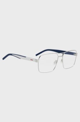 Occhiali da vista in acetato color argento con dettagli blu, Bianco