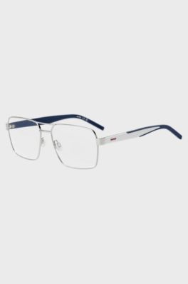 Montura para gafas graduadas de metal plateado con detalles azules, Blanco