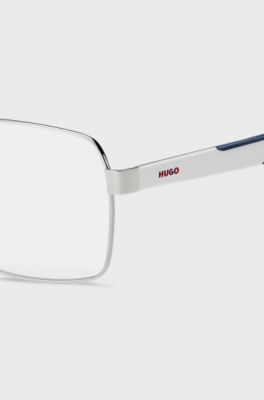 Montura para gafas graduadas de metal plateado con detalles azules, Blanco