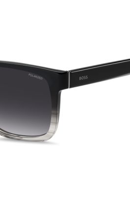 Occhiali da sole in acetato nero d&eacute;grad&eacute; con logo inciso, Nero a motivi