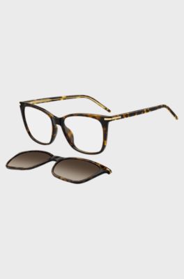 Havana-acetate optical frames with clip-on shaded lenses, Brown Patterned