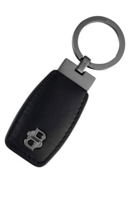 Leather key ring with gunmetal Double B monogram, Black