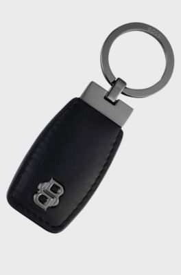 Leather key ring with gunmetal Double B monogram, Black