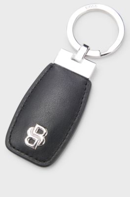 Leather key ring with chrome Double B monogram, Black