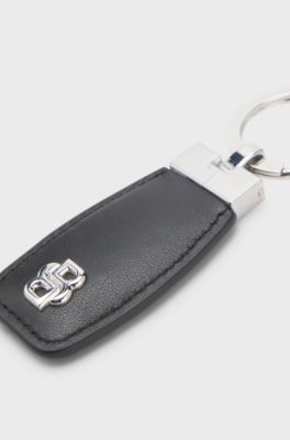 Leather key ring with chrome Double B monogram, Black