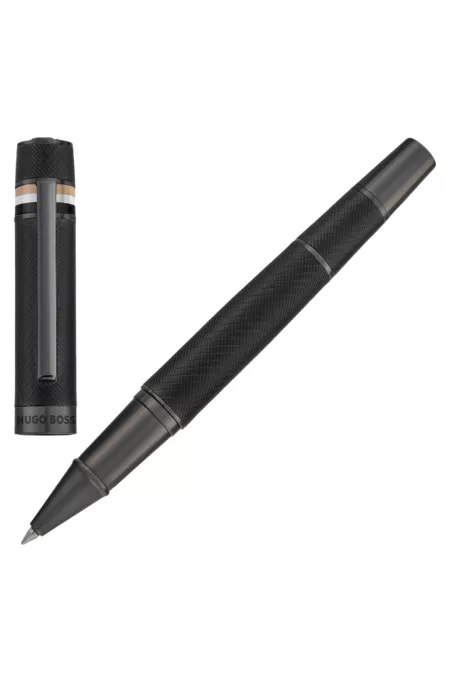 Textured-barrel ballpoint pen with signature-stripe ring