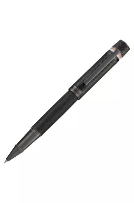 Textured-barrel rollerball pen with signature-stripe ring