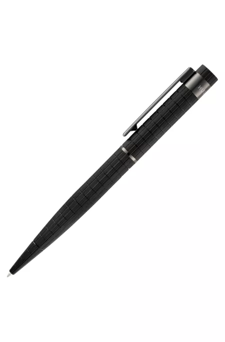 Black grid-textured ballpoint pen with logo trim