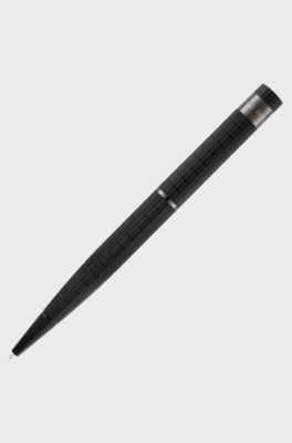 Penna a sfera nera con lavorazione a griglia e rifinitura con logo, Nero