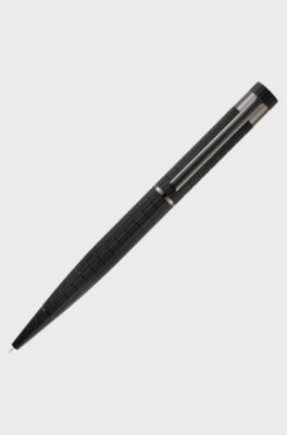 Penna a sfera nera con lavorazione a griglia e rifinitura con logo, Nero