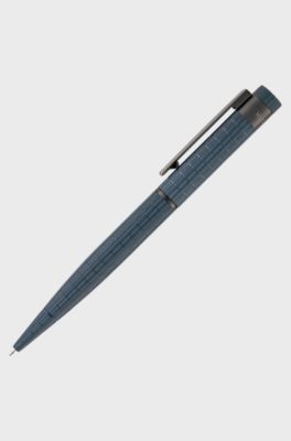 Marineblauwe balpen met logodetail en rasterstructuur, Blauw