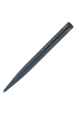 Navy grid-textured ballpoint pen with logo trim, Blue