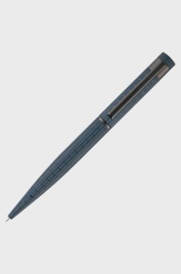 Navy grid-textured ballpoint pen with logo trim, Blue
