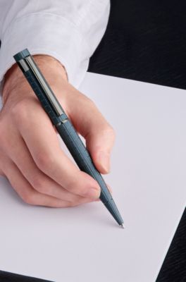 Navy grid-textured ballpoint pen with logo trim, Blue