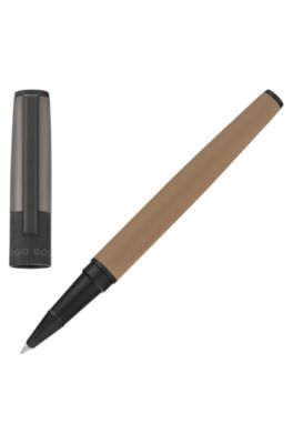 Camel-barrel rollerball pen with logo cap, Grey / Beige / Black