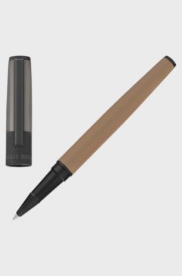 Penna roller con cannello color cammello e cappuccio con logo, Grigio / Beige / Nero