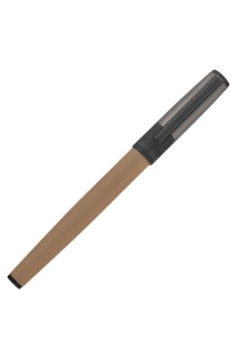 Camel-barrel rollerball pen with logo cap, Grey / Beige / Black
