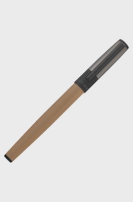 Penna roller con cannello color cammello e cappuccio con logo, Grigio / Beige / Nero