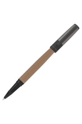 Camel-barrel rollerball pen with logo cap, Grey / Beige / Black