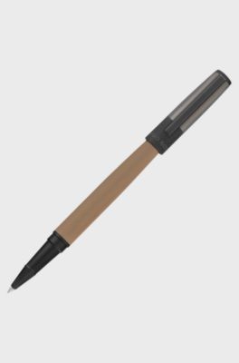 Penna roller con cannello color cammello e cappuccio con logo, Grigio / Beige / Nero