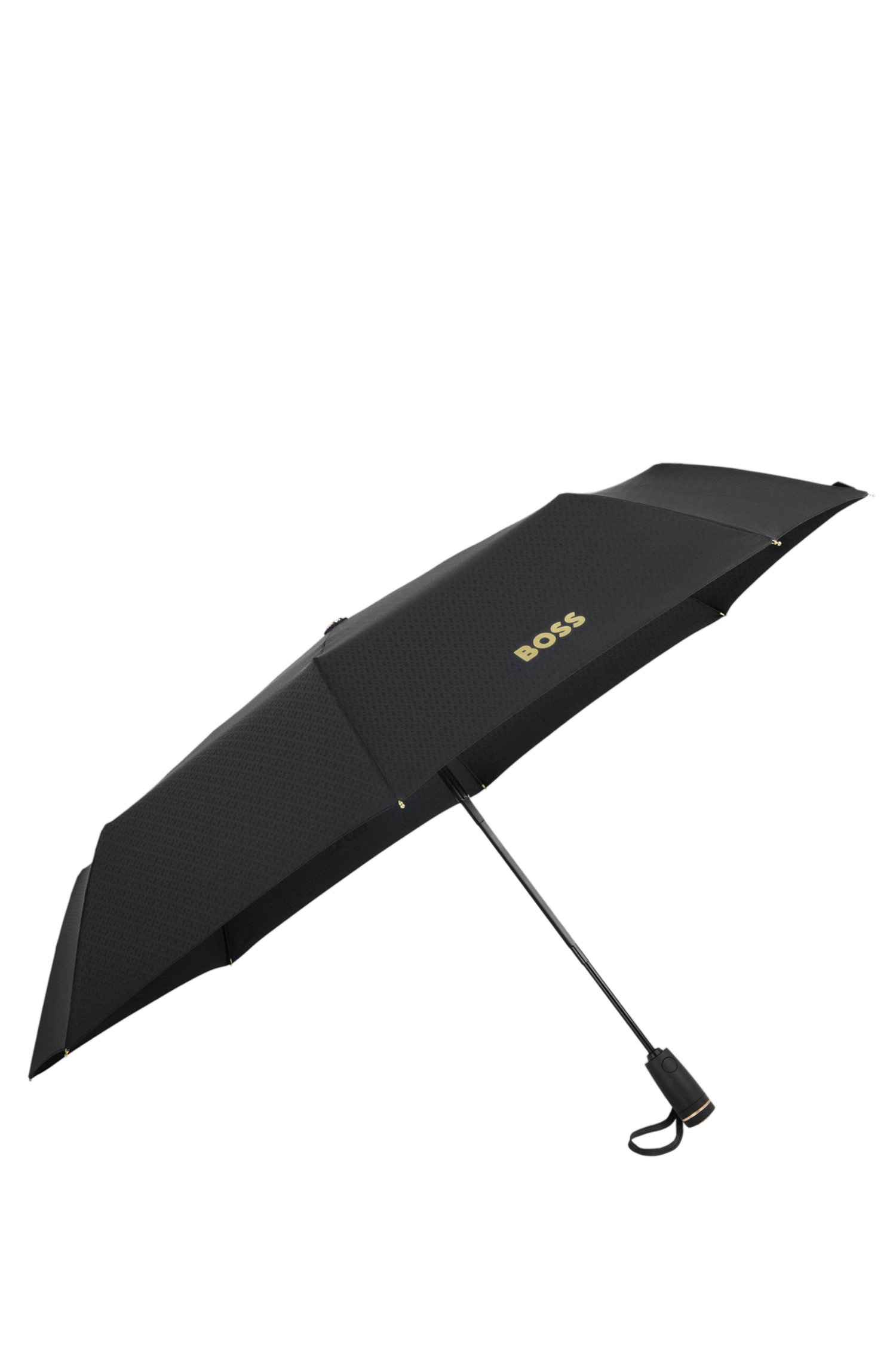 Boss Monogram-canopy pocket umbrella in black and gold paraplyer & tech herr