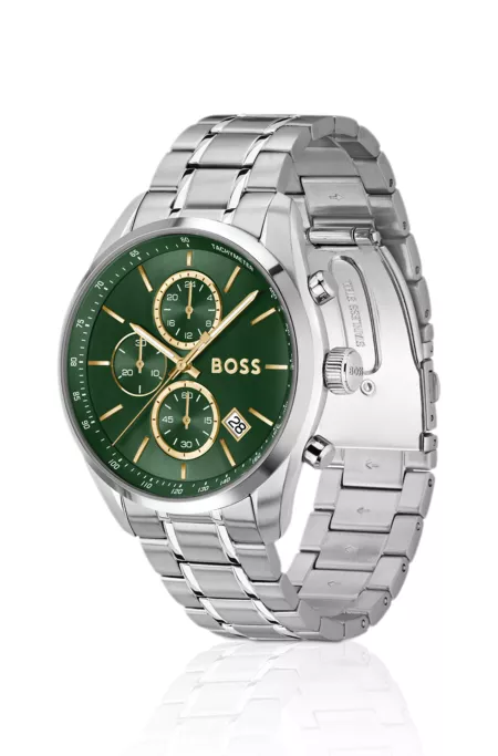 Green-dial watch with steel bracelet