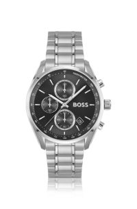 Black-dial watch with steel bracelet, Silver tone