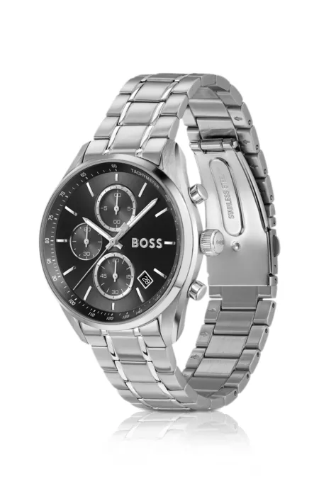 Black-dial watch with steel bracelet