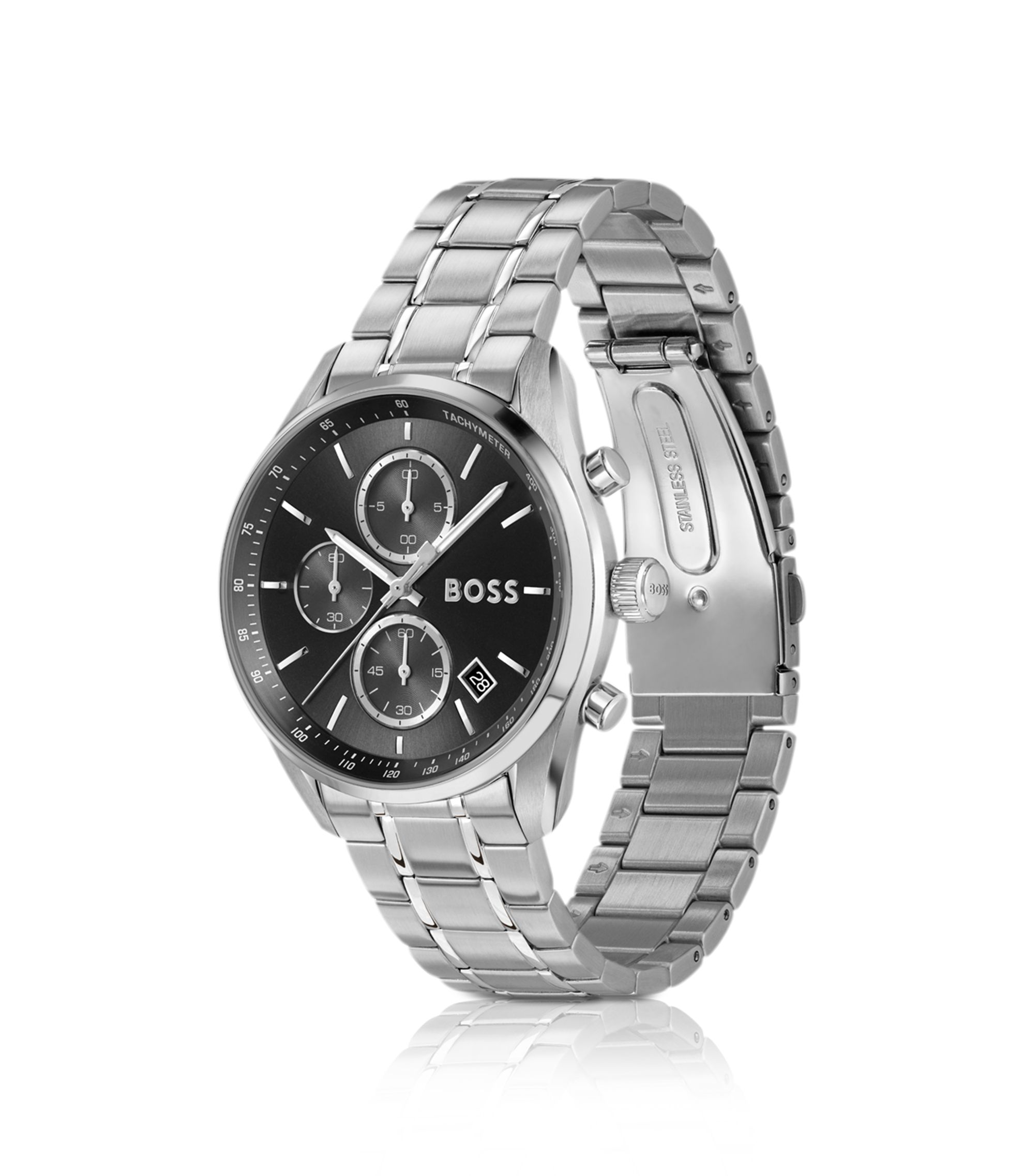 稼働／HugoBoss 腕時計 ブラック/ホワイト BOSS - Black-dial watch with two-tone bracelet - Silver tone