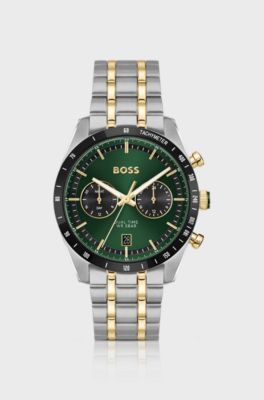 Horloge met groene wijzerplaat en tweekleurige polsband, Zilverkleurig