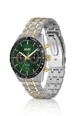 TOURMASTER Green-dial watch with two-tone bracelet, Silver tone