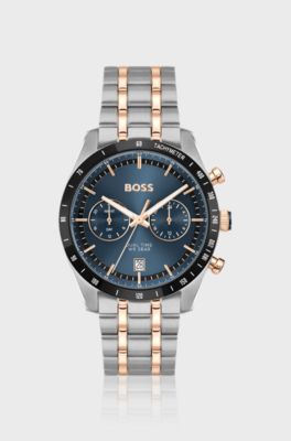 Horloge met blauwe wijzerplaat en tweekleurige polsband, Zilverkleurig